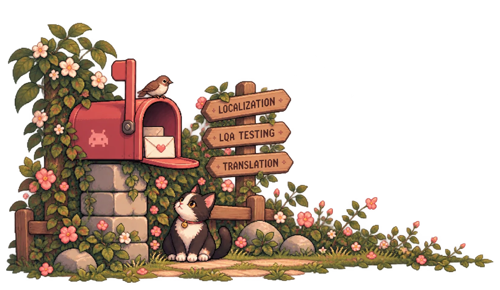 Pixel art illustration of a cat beside a flower-covered mailbox