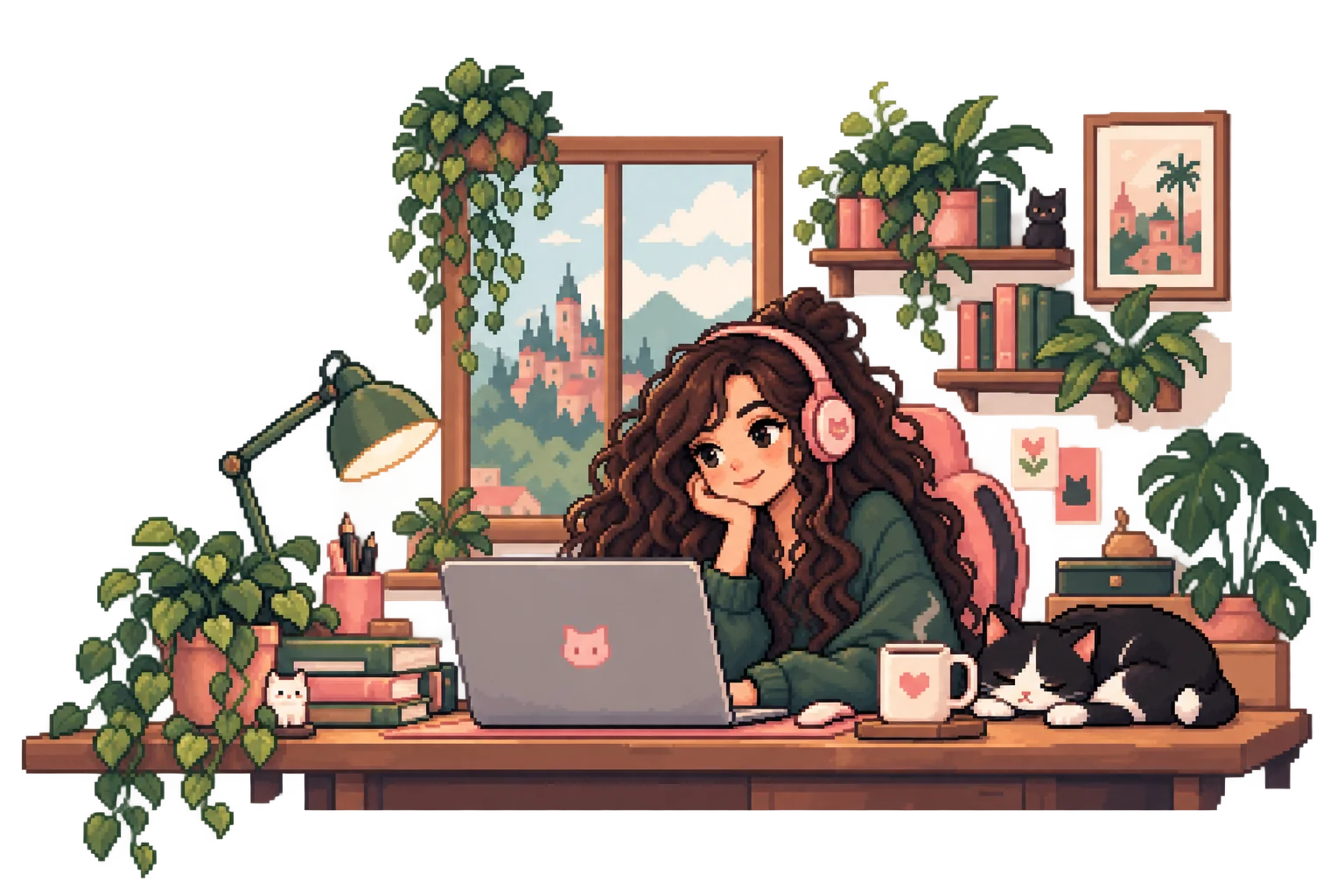 Pixel art illustration of a curly-haired woman working at her laptop with headphones, coffee and a sleeping cat.