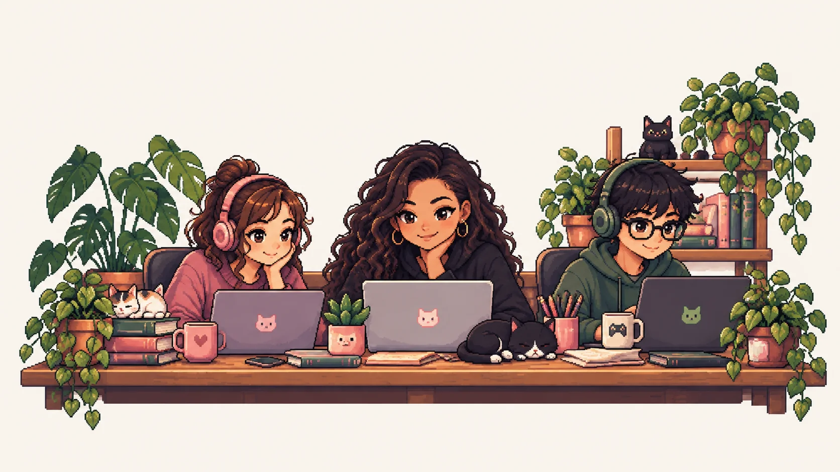 Pixel art illustration of three localization professionals working together at their laptops.