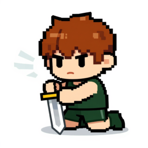 freepik pixel art cartoon hero kneeling with hands on a sw 16494
